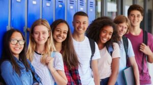 Students in hallway by lockers