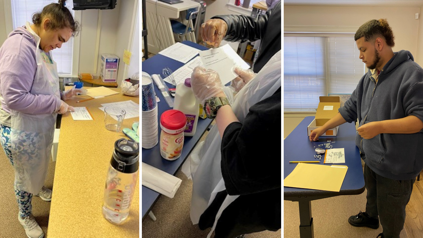 collage of three images featuring teens working with small bits of material at a standing desk.