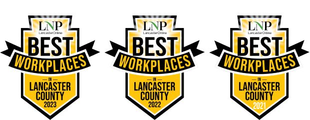 trio of Best Workplaces in Lancaster County emblems, representing wins in 2021, 2022, and 2023