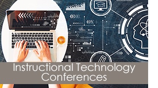 Instructional Technology Conferences - image with person working on laptop with tech images
