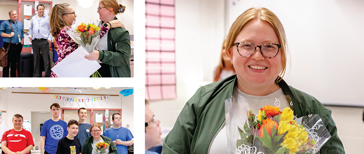 Collage of Annie Sullivan Award recipient with students and colleagues