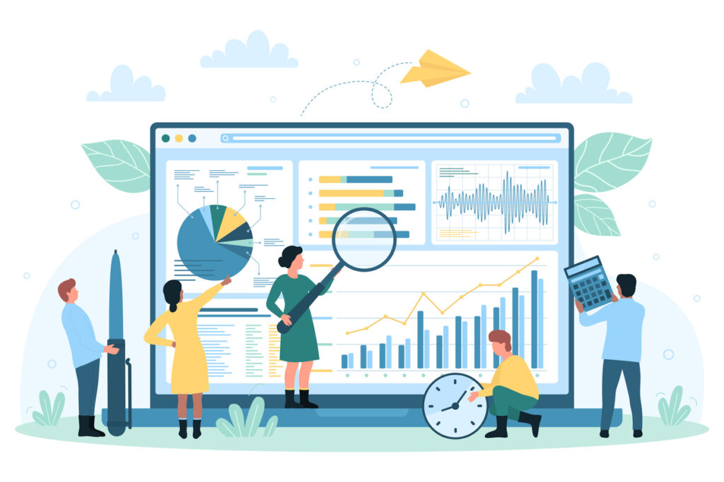 graphic of four figures looking at a computer screen with data on it