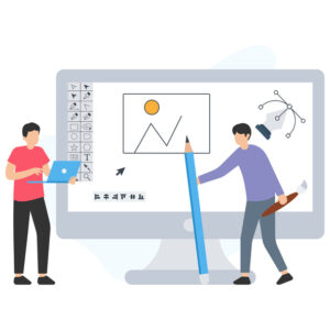 illustration of two people in front of a computer with graphic design software on the screen