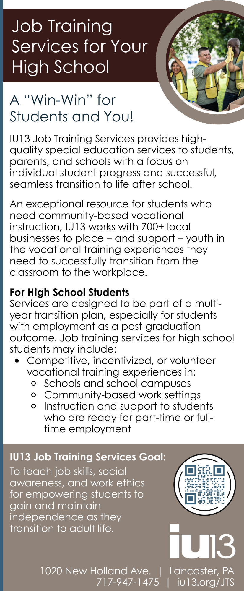 front view of the Job Training Services for High Schools brochure