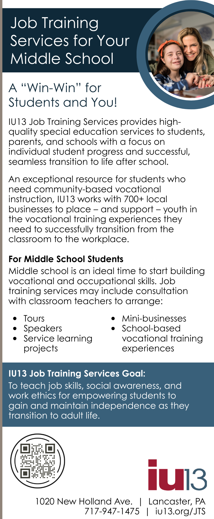 front view of the Job Training Services for Middle Schools brochure