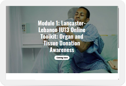 Person hugging a ghost, with words overlaid, "Module 1: Lancaster-Lebanon IU13 Online Toolkit: Organ and Tissue Donation Awareness."
