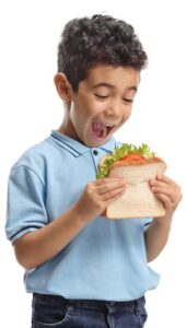 happy boy about to each a veggie sandwich